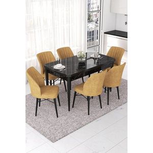 Extendable Dining Table & Chairs Set (7 Pieces) Nef - Black Marble, Cappuccino obraz