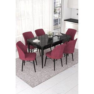 Extendable Dining Table & Chairs Set (7 Pieces) Nef - Black Marble, Burgundy obraz