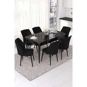Extendable Dining Table & Chairs Set (7 Pieces) Nef - Black Marble, Black obraz