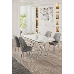 Dining Table & Chairs Set (5 Pieces) Vals - White, Chrome, Grey obraz