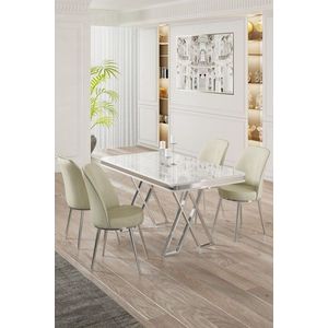 Dining Table & Chairs Set (5 Pieces) Vals - White, Chrome, Cream obraz