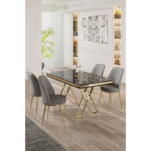 Dining Table & Chairs Set (5 Pieces) Vals - Black Marble, Gold, Grey obraz