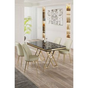 Dining Table & Chairs Set (5 Pieces) Vals - Black Marble, Gold, Cream obraz
