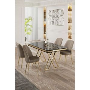 Dining Table & Chairs Set (5 Pieces) Vals - Black Marble, Gold, Cappuccino obraz