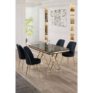 Dining Table & Chairs Set (5 Pieces) Vals - Black Marble, Gold, Anthracite obraz