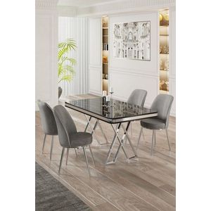 Dining Table & Chairs Set (5 Pieces) Vals - Black Marble, Chrome, Grey obraz
