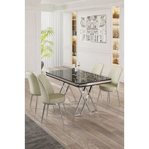 Dining Table & Chairs Set (5 Pieces) Vals - Black Marble, Chrome, Cream obraz