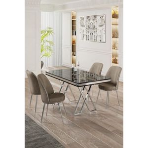 Dining Table & Chairs Set (5 Pieces) Vals - Black Marble, Chrome, Cappuccino obraz