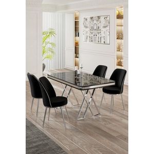 Dining Table & Chairs Set (5 Pieces) Vals - Black Marble, Chrome, Black obraz