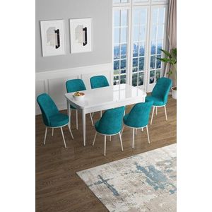 Extendable Dining Table & Chairs Set (7 Pieces) Han - White, Turquoise obraz