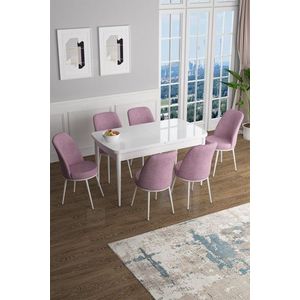 Extendable Dining Table & Chairs Set (7 Pieces) Han - White, Pink obraz