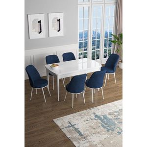 Extendable Dining Table & Chairs Set (7 Pieces) Han - White, Navy Blue obraz