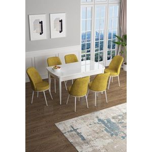 Extendable Dining Table & Chairs Set (7 Pieces) Han - White, Mustard obraz