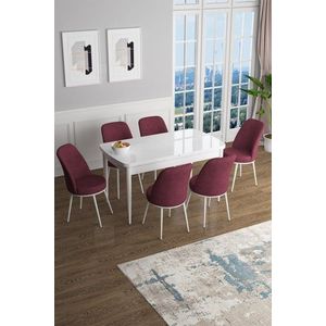 Extendable Dining Table & Chairs Set (7 Pieces) Han - White, Burgundy obraz