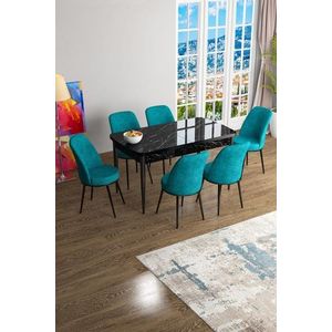 Extendable Dining Table & Chairs Set (7 Pieces) Han - Black Marble, Turquoise obraz