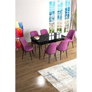 Extendable Dining Table & Chairs Set (7 Pieces) Han - Black Marble, Purple obraz