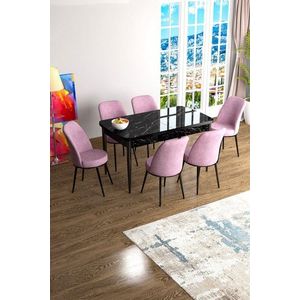 Extendable Dining Table & Chairs Set (7 Pieces) Han - Black Marble, Pink obraz