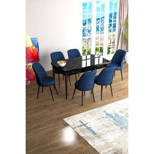 Extendable Dining Table & Chairs Set (7 Pieces) Han - Black Marble, Navy Blue obraz