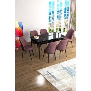 Extendable Dining Table & Chairs Set (7 Pieces) Han - Black Marble, Dusty Rose obraz