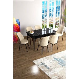 Extendable Dining Table & Chairs Set (7 Pieces) Han - Black Marble, Cream obraz