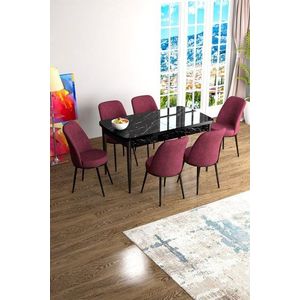 Extendable Dining Table & Chairs Set (7 Pieces) Han - Black Marble, Burgundy obraz
