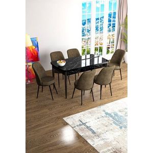 Extendable Dining Table & Chairs Set (7 Pieces) Han - Black Marble, Brown obraz