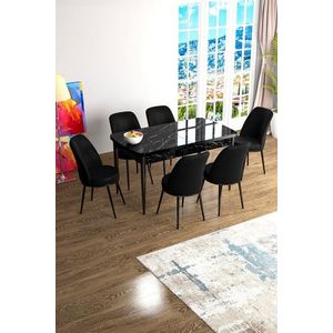 Extendable Dining Table & Chairs Set (7 Pieces) Han - Black Marble, Black obraz
