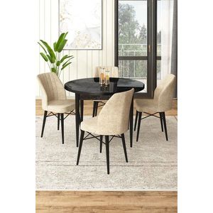 Dining Table & Chairs Set (5 Pieces) Rox - Black Marble, Cream obraz