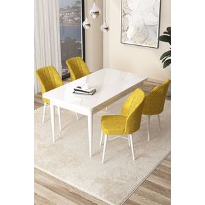 Dining Table & Chairs Set (5 Pieces) Arp - White, Mustard obraz