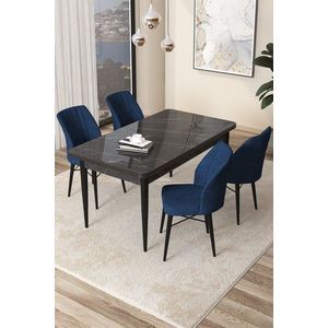 Dining Table & Chairs Set (5 Pieces) Arp - Black Marble, Navy Blue obraz
