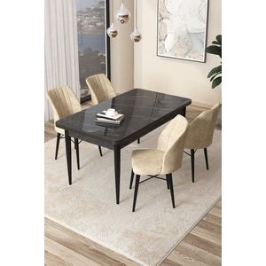 Dining Table & Chairs Set (5 Pieces) Arp - Black Marble, Cream obraz