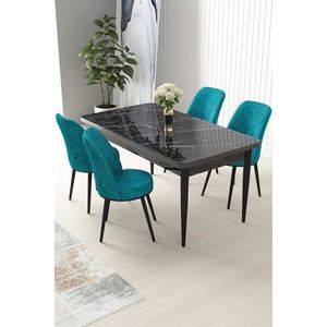 Dining Table & Chairs Set (5 Pieces) Nil - Black Marble, Turquoise obraz
