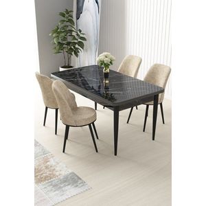 Dining Table & Chairs Set (5 Pieces) Nil - Black Marble, Cream obraz