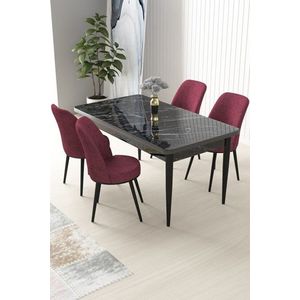 Dining Table & Chairs Set (5 Pieces) Nil - Black Marble, Burgundy obraz