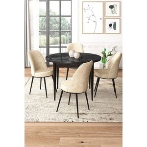Dining Table & Chairs Set (5 Pieces) Tor - Black Marble, Cream obraz