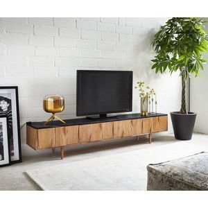 TV stolek Shia 200 cm přírodní akácie mramor černá 4 dvířka obraz