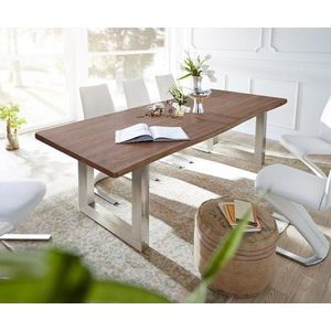 Jídelní stůl Edge 300x100 akácie hnědá nerezová ocel široká obraz