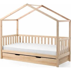 Domečková dětská postel z borovicového dřeva s výsuvným lůžkem a úložným prostorem v přírodní barvě 90x200 cm DALLAS – Vipack obraz