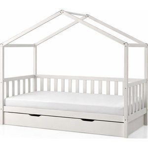 Bílá domečková dětská postel z borovicového dřeva s výsuvným lůžkem a úložným prostorem 90x200 cm DALLAS – Vipack obraz