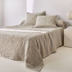 Žakárový přehoz na postel s vaflovým vzorem a potiskem listů obraz