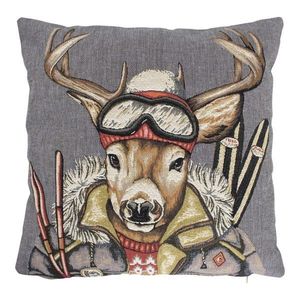 Šedý gobelínový polštář Jelen lyžař - 45*15*45cm EVKSSVH obraz