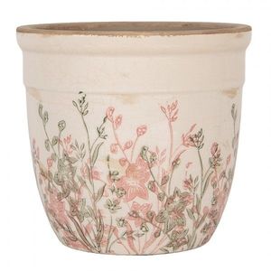 Béžový antik keramický obal na květináč s růžovo-zelenými květy L - Ø 18*17 cm 6CE1974L obraz