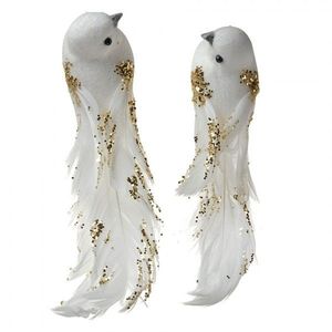 2ks bílá dekorace ptáček s peříčky a třpytkami na klipu - 15*8*5 cm 66145 obraz