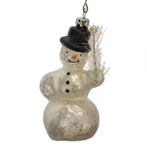 Stříbrno-bílá antik skleněná závesná ozdoba sněhulák - Ø 5*10 cm 6GL4718 obraz