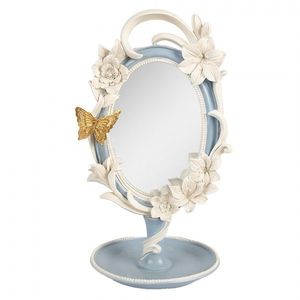 Bílo-modré antik stolní zrcátko s květy a se stojanem na šperky - 16*14*27 cm 62S341 obraz