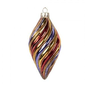 Zlatá skleněná ozdoba špičatá baňka s barevnými pruhy - Ø 6*13 cm 6GL5103 obraz