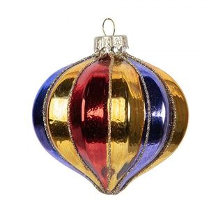 Zlatá skleněná ozdoba špičatá baňka s barevnými pruhy - Ø 8*8 cm 6GL5102 obraz