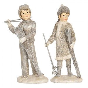 Šedá dekorace dívka a chlapec s lyžemi - 8*7*15 cm 6PR5921 obraz