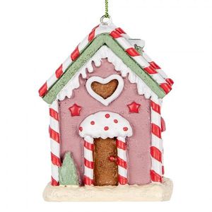 Růžová závěsná dekorace perníková chaloupka Candy - 6*4*8 cm 6PR5325 obraz