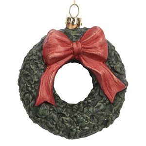 Závěsná dekorace zelený věneček s červenou mašlí - 9*4*11cm 66085 obraz